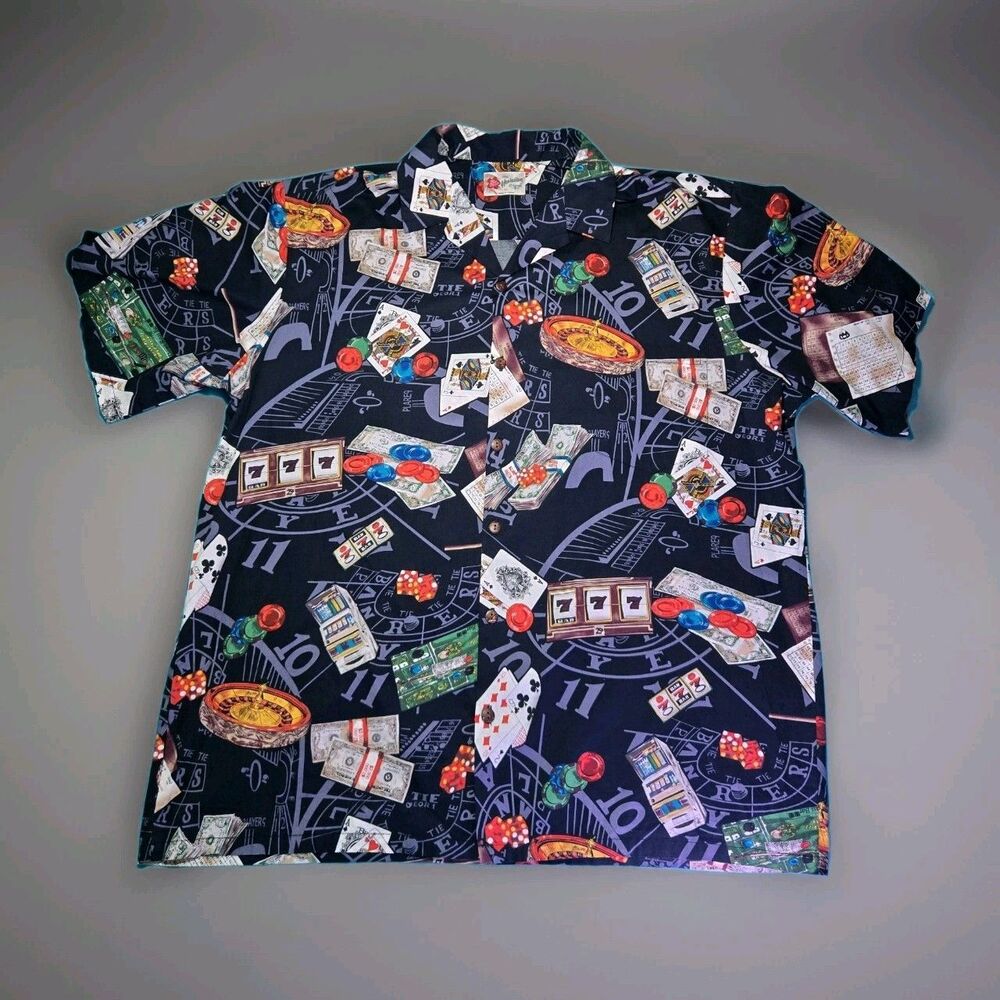 Vtg Vibes All Over Print Hawaiian Shirt Poker Cards Mens 2XL Black Las Vegas